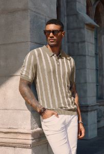 Men's Knit Polo Shirts Lightweight Short Sleeve Vintage Striped Golf Shirts sold by Paul Jones