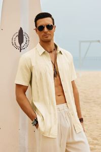 Men Cuban Guayabera Shirt Casual Short Sleeve Button Down Shirts Beach Tops Cotton sold by Paul Jones
