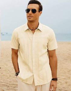 Men Cuban Guayabera Shirt Casual Short Sleeve Button Down Shirts Beach Tops Cotton sold by Paul Jones