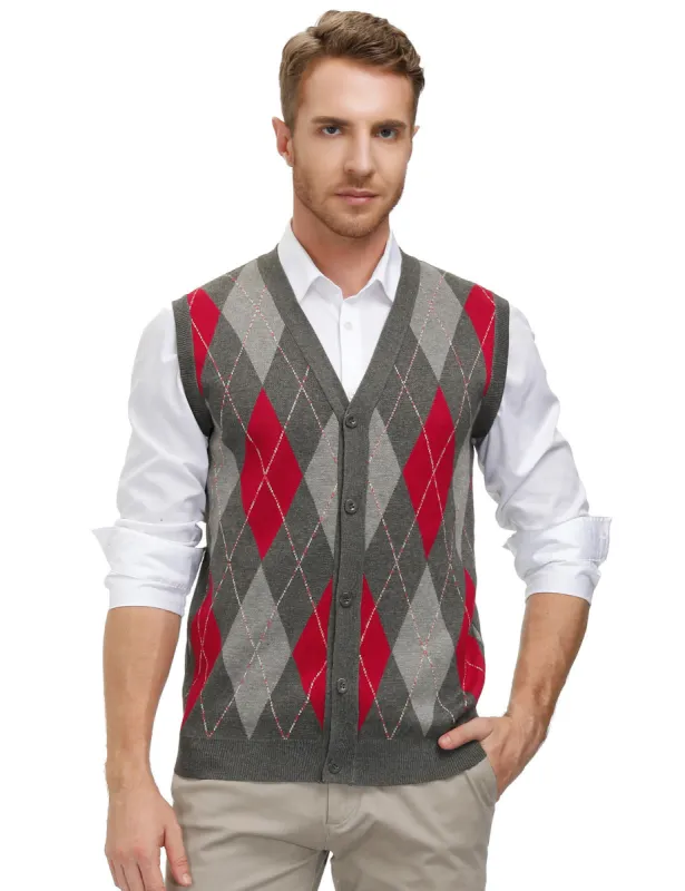 Men Sleeveless Sweater Vest Contrast Color Diamond Pattern Button Placket sold by Paul Jones