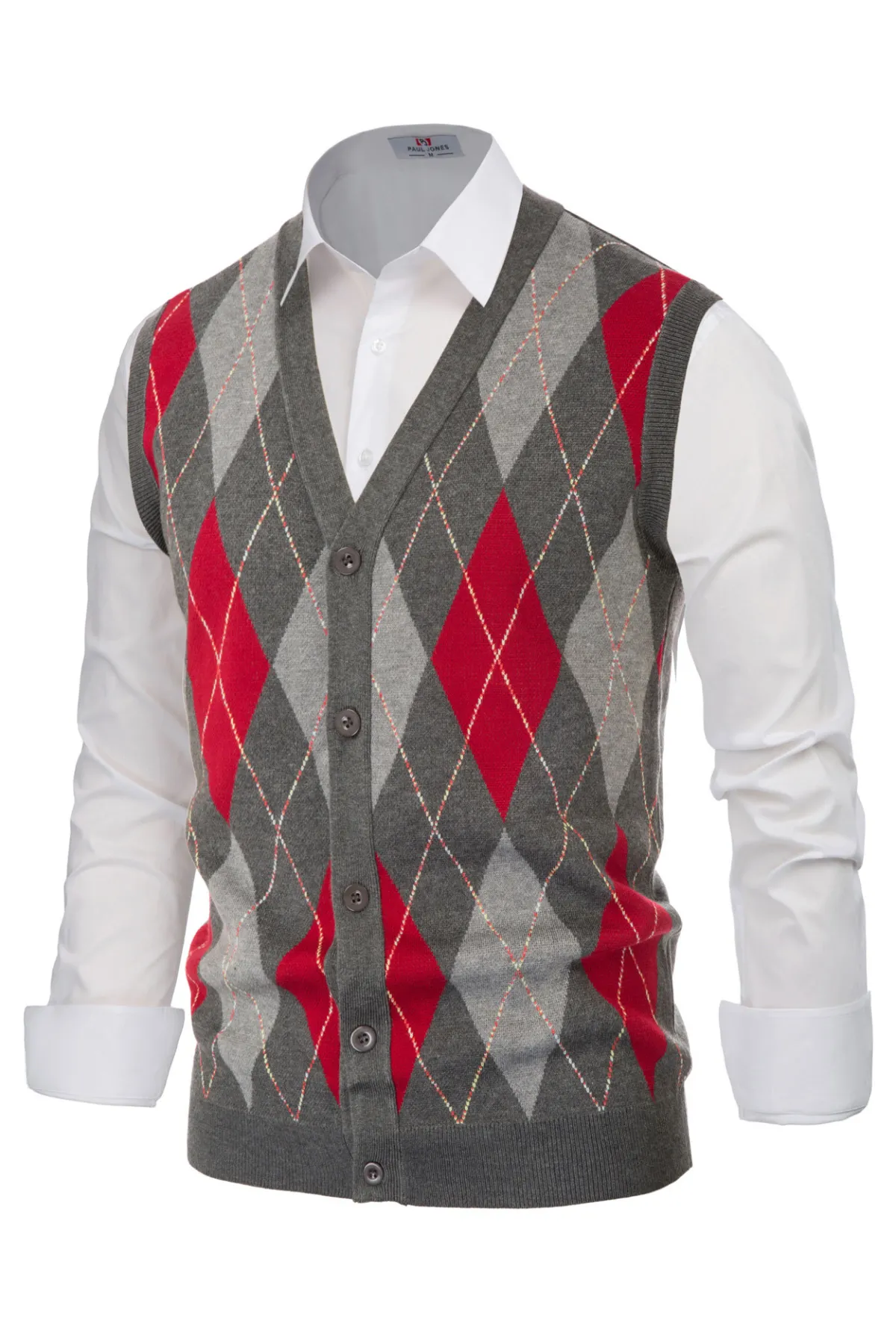 Pj Paul Jones Men Sleeveless Sweater Vest Contrast Color Diamond Pattern Button Placket sold by Paul Jones product image thumbnail 4