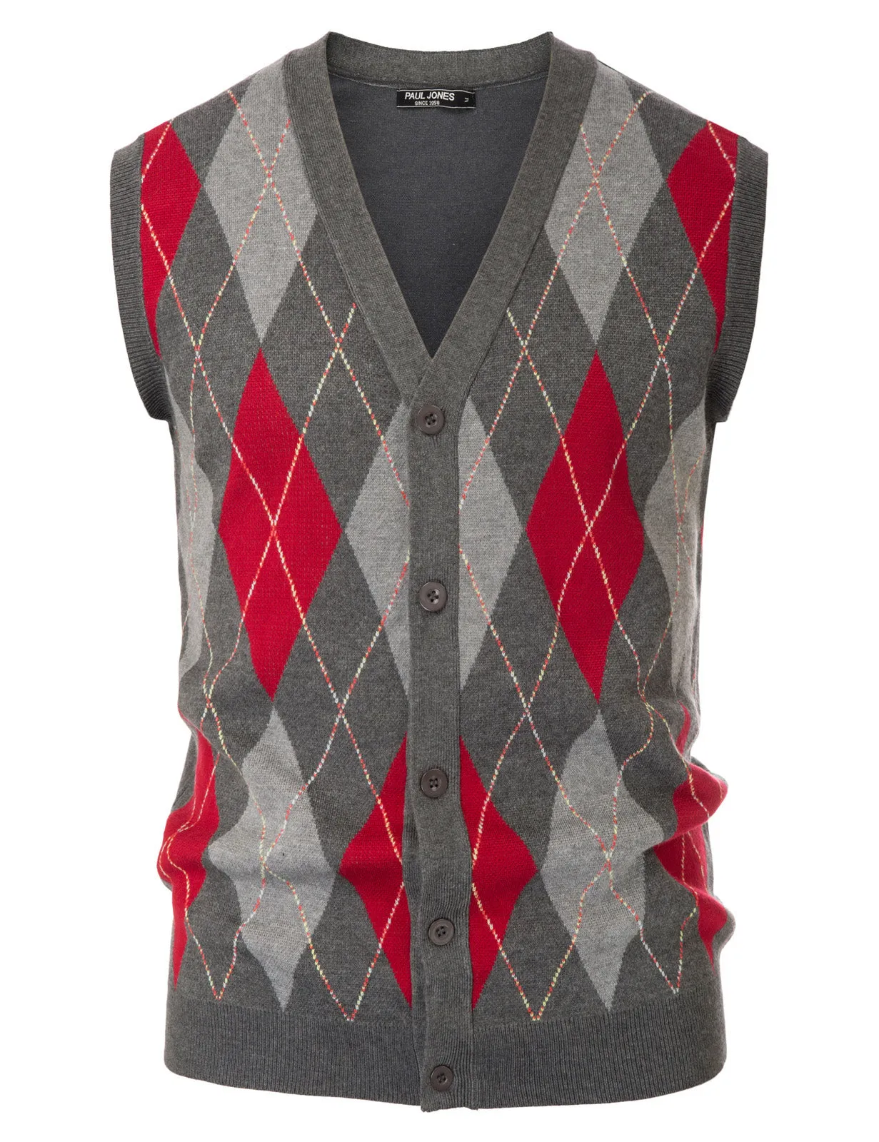 Pj Paul Jones Men Sleeveless Sweater Vest Contrast Color Diamond Pattern Button Placket sold by Paul Jones product image thumbnail 5