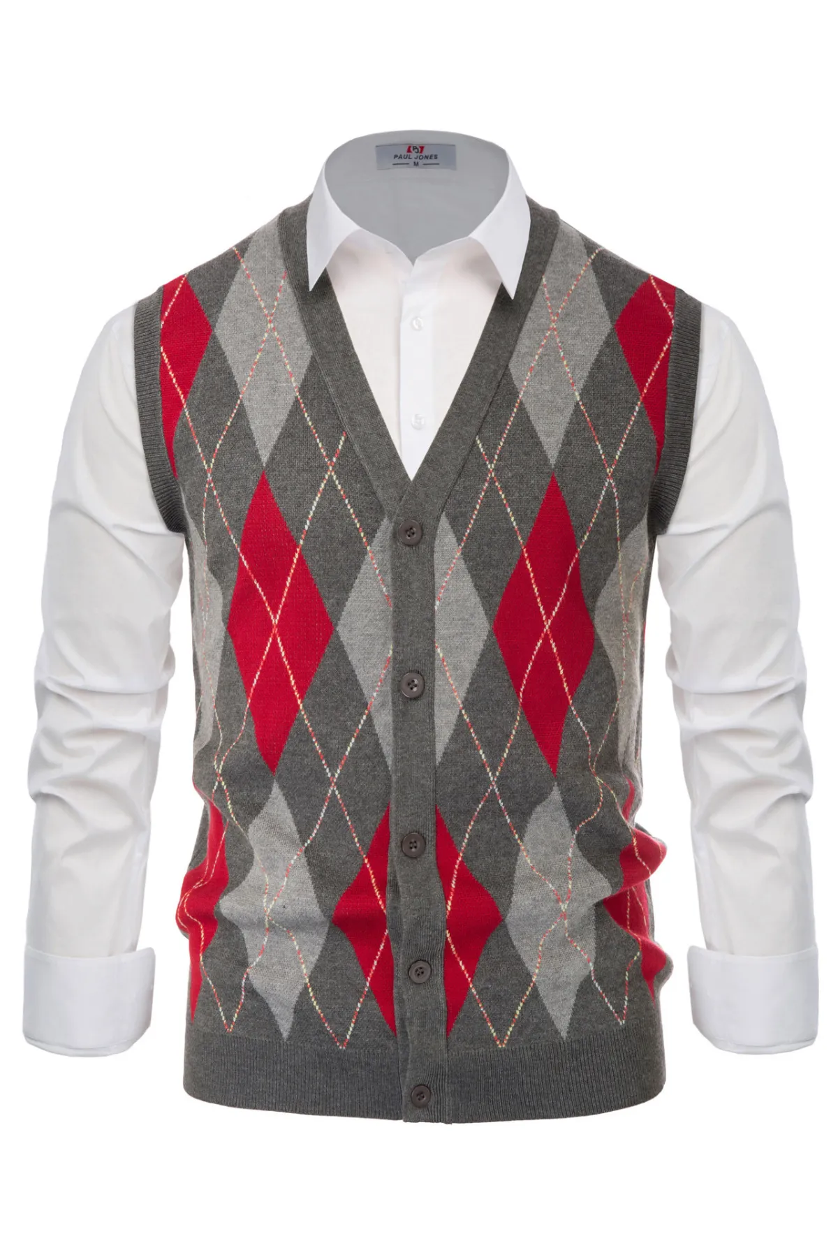 Pj Paul Jones Men Sleeveless Sweater Vest Contrast Color Diamond Pattern Button Placket sold by Paul Jones product image thumbnail 2