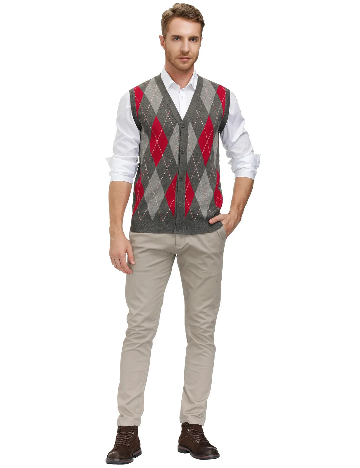 Pj Paul Jones Men Sleeveless Sweater Vest Contrast Color Diamond Pattern Button Placket sold by Paul Jones product image thumbnail 3