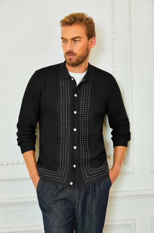 Mens Long Sleeve Button Down Knitted Cardigan Sweaters Stripe Polo Shirts made by Paul Jones