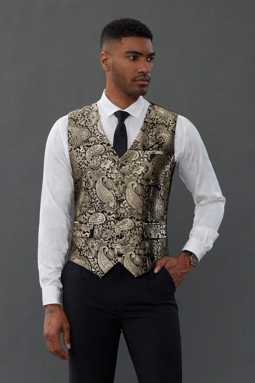 DiBanGu Mens Paisley Vest Tie Set With Lapel Pin Tie Clip 7PCS Silk