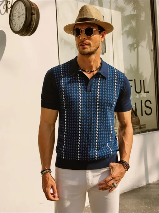 Men's Vintage Polo Shirts Lightweight Retro 70s Knit Houndstooth Golf Pullover Shirts sold by Paul Jones product image thumbnail 2