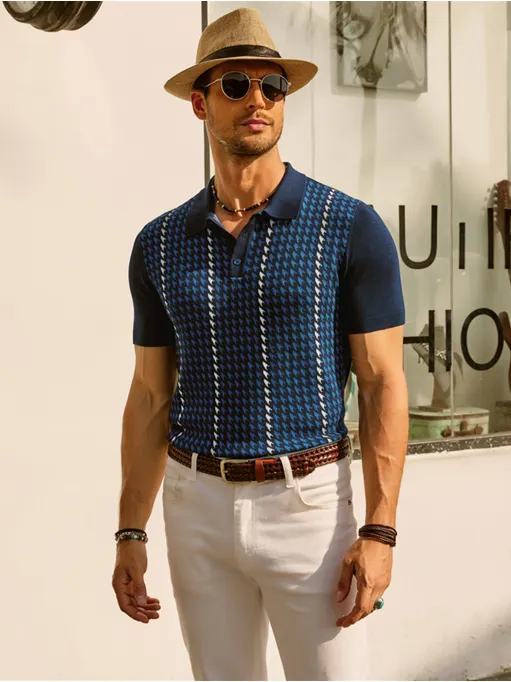 Men's Vintage Polo Shirts Lightweight Retro 70s Knit Houndstooth Golf Pullover Shirts sold by Paul Jones