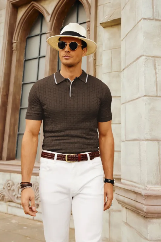 Mens Knitted Polo Shirts Short Sleeve Texture Golf Polo Pullover Shirt Leisure Breathable Polo Shirts sold by Paul Jones