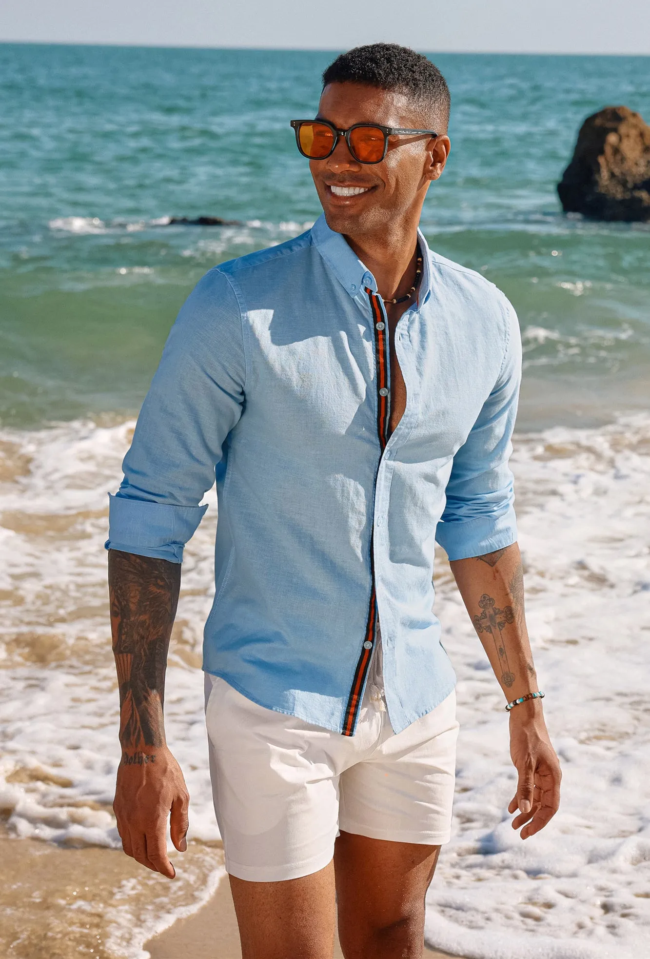 PJ Men Breathable Cotton & Linen Shirt Long Sleeve Button-Down Collar Tops sold by Paul Jones