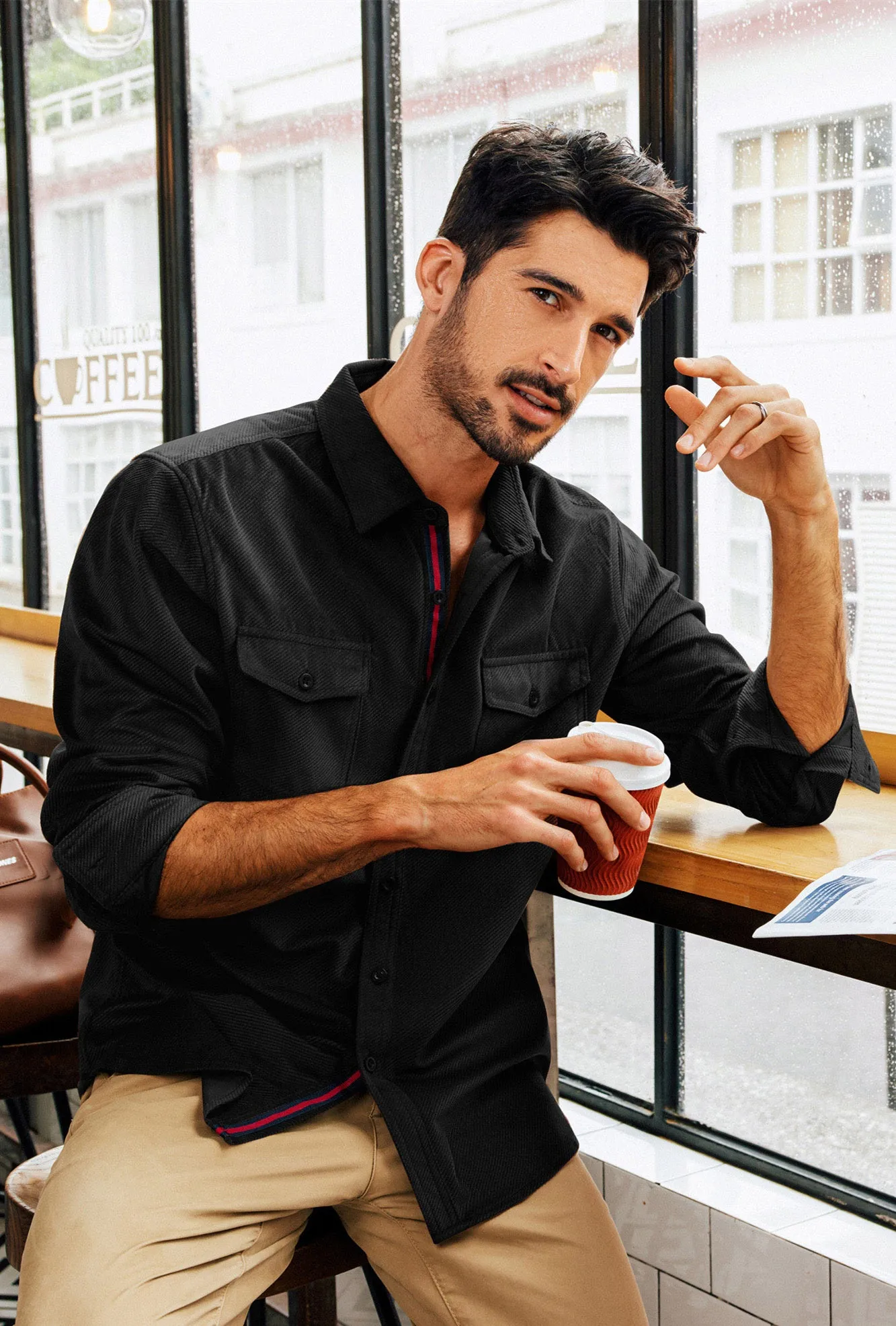Men Classic Collar Shirt with Dual Pockets Casual Long Sleeve Button-up Tops sold by Paul Jones product image thumbnail 2