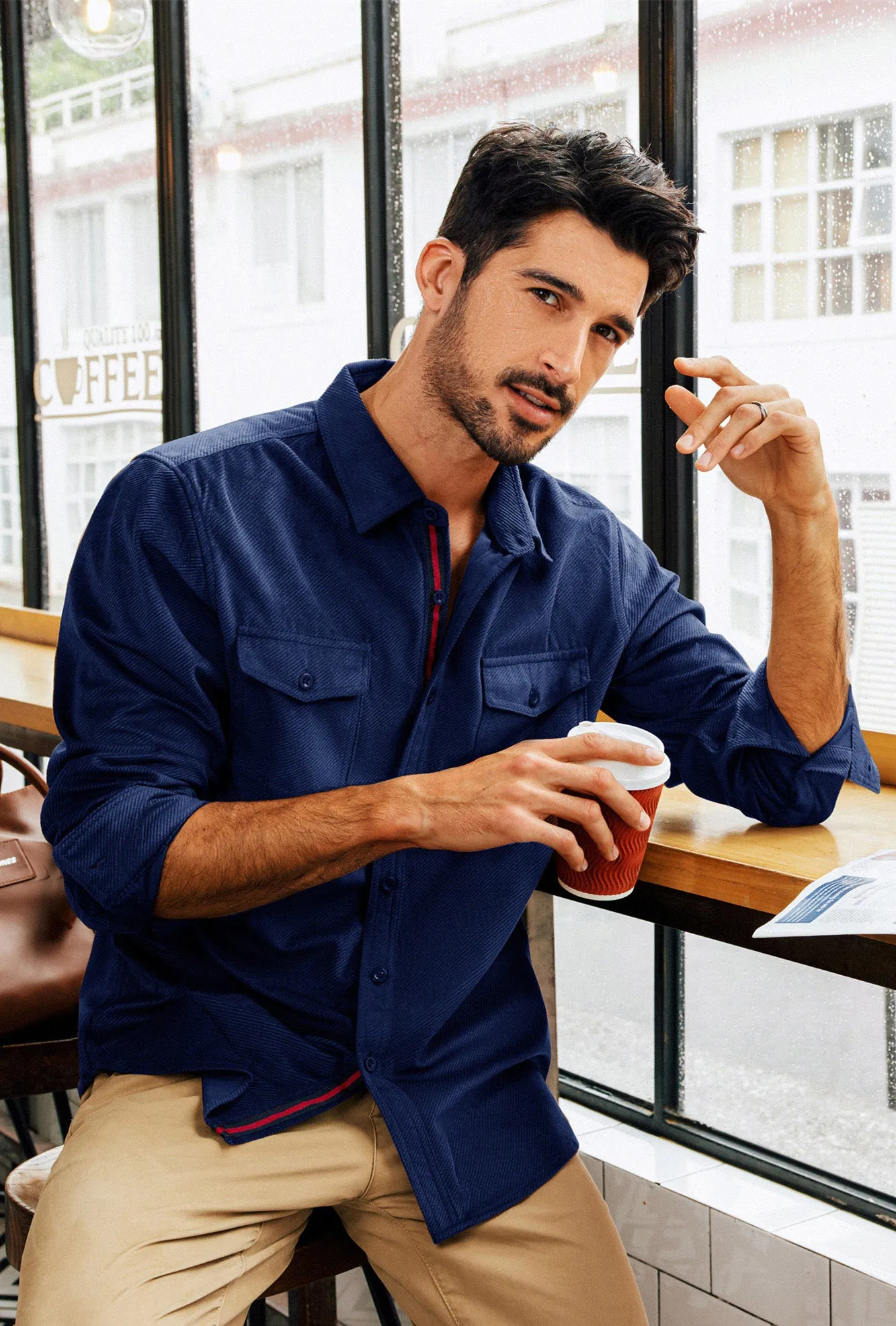 Men Classic Collar Shirt with Dual Pockets Casual Long Sleeve Button-up Tops sold by Paul Jones product image thumbnail 4