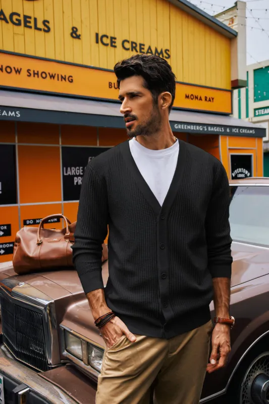 Men Ribbed Knitted Cardigan Long Sleeve V-Neck Button-up Sweater Knitwear sold by Paul Jones