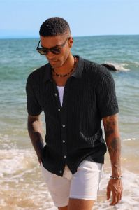 Mens Short Sleeve Knit Shirts Casual Button Down Polo Shirt Hollow Out Beach Shirt sold by Paul Jones