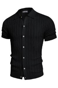 Mens Short Sleeve Knit Shirts Casual Button Down Polo Shirt Hollow Out Beach Shirt sold by Paul Jones