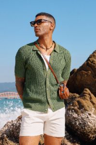 Mens Short Sleeve Knit Shirts Casual Button Down Polo Shirt Hollow Out Beach Shirt sold by Paul Jones