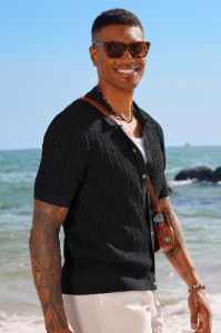 Mens Short Sleeve Knit Shirts Casual Button Down Polo Shirt Hollow Out Beach Shirt sold by Paul Jones