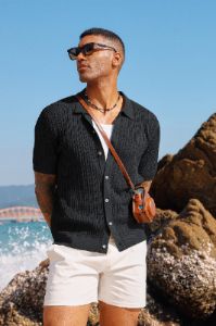 Mens Short Sleeve Knit Shirts Casual Button Down Polo Shirt Hollow Out Beach Shirt sold by Paul Jones