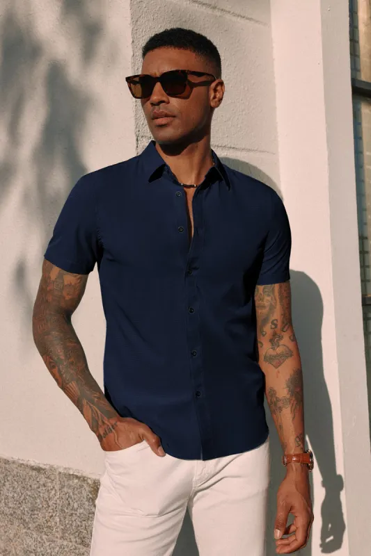 PJ Men Stylish Basic Shirt Short Sleeve Classic Collar Button-up Shirt Tops sold by Paul Jones
