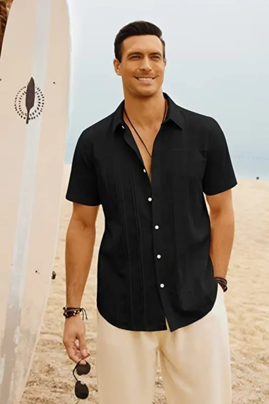Men Cuban Guayabera Shirt Casual Short Sleeve Button Down Shirts Beach Tops Cotton sold by Paul Jones