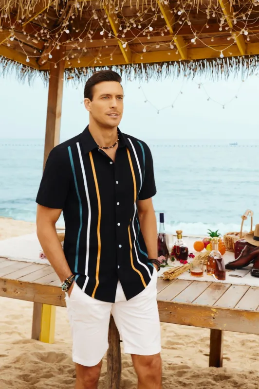 Mens Vintage Bowling Shirts Short Sleeve Striped Button Down Hawaiian Beach Shirt sold by Paul Jones