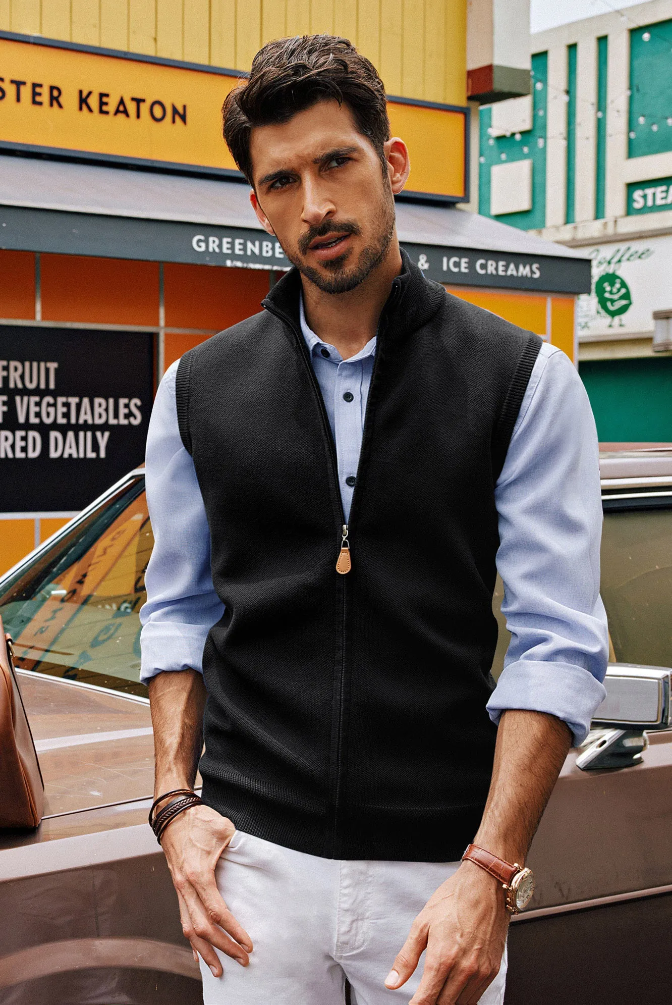 Men Stand Collar Sweater Vest Zip-up Ribbed Cuff Sleeveless Sweater sold by Paul Jones product image thumbnail 3