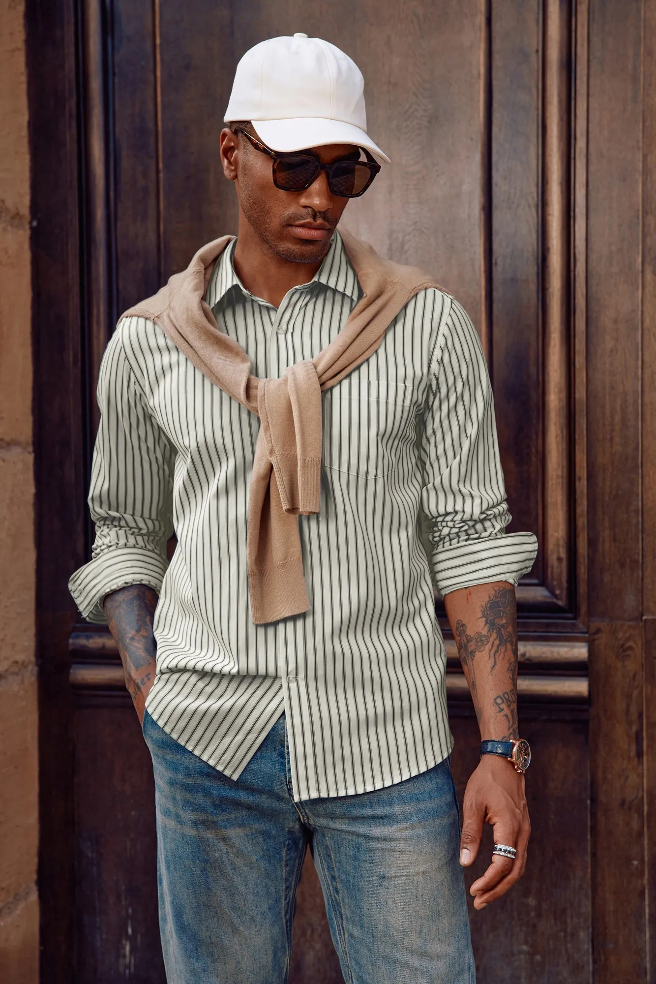 Men's Striped Button Down Shirts Long Sleeve Casual Cardigans Shirts with Pocket sold by Paul Jones