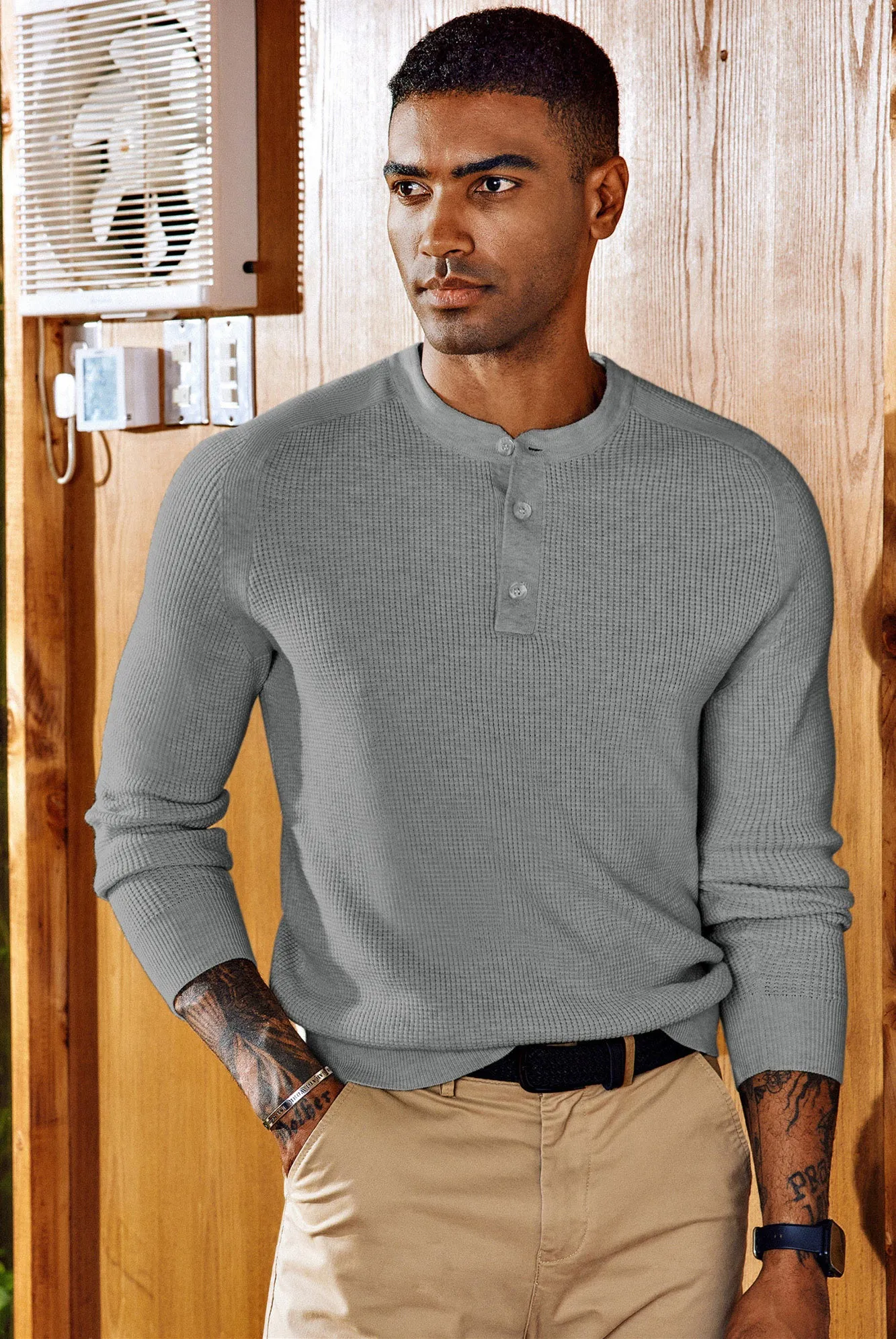 Men Waffle Textured Sweater Long Raglan Sleeve Henley Neck Knitwear Tops sold by Paul Jones product image thumbnail 5