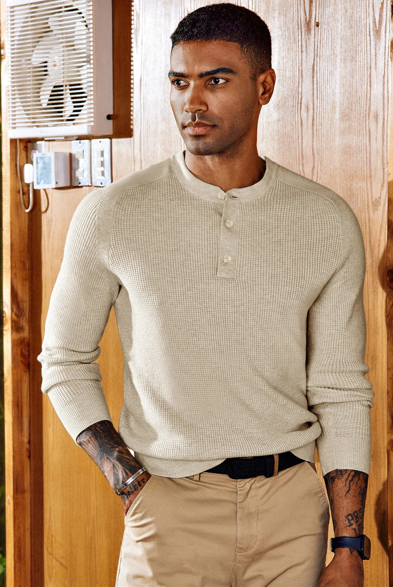 Men Waffle Textured Sweater Long Raglan Sleeve Henley Neck Knitwear Tops sold by Paul Jones product image thumbnail 2