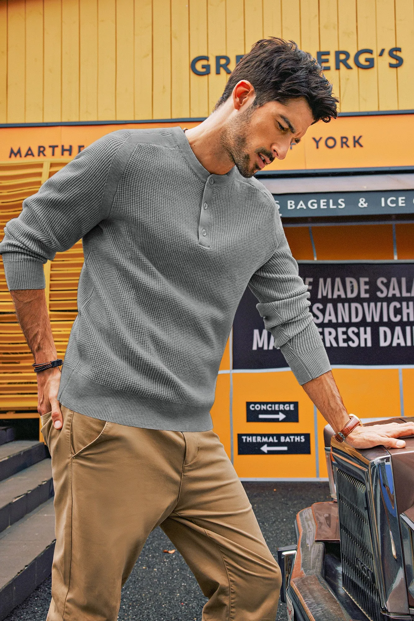 Men Waffle Textured Sweater Long Raglan Sleeve Henley Neck Knitwear Tops sold by Paul Jones