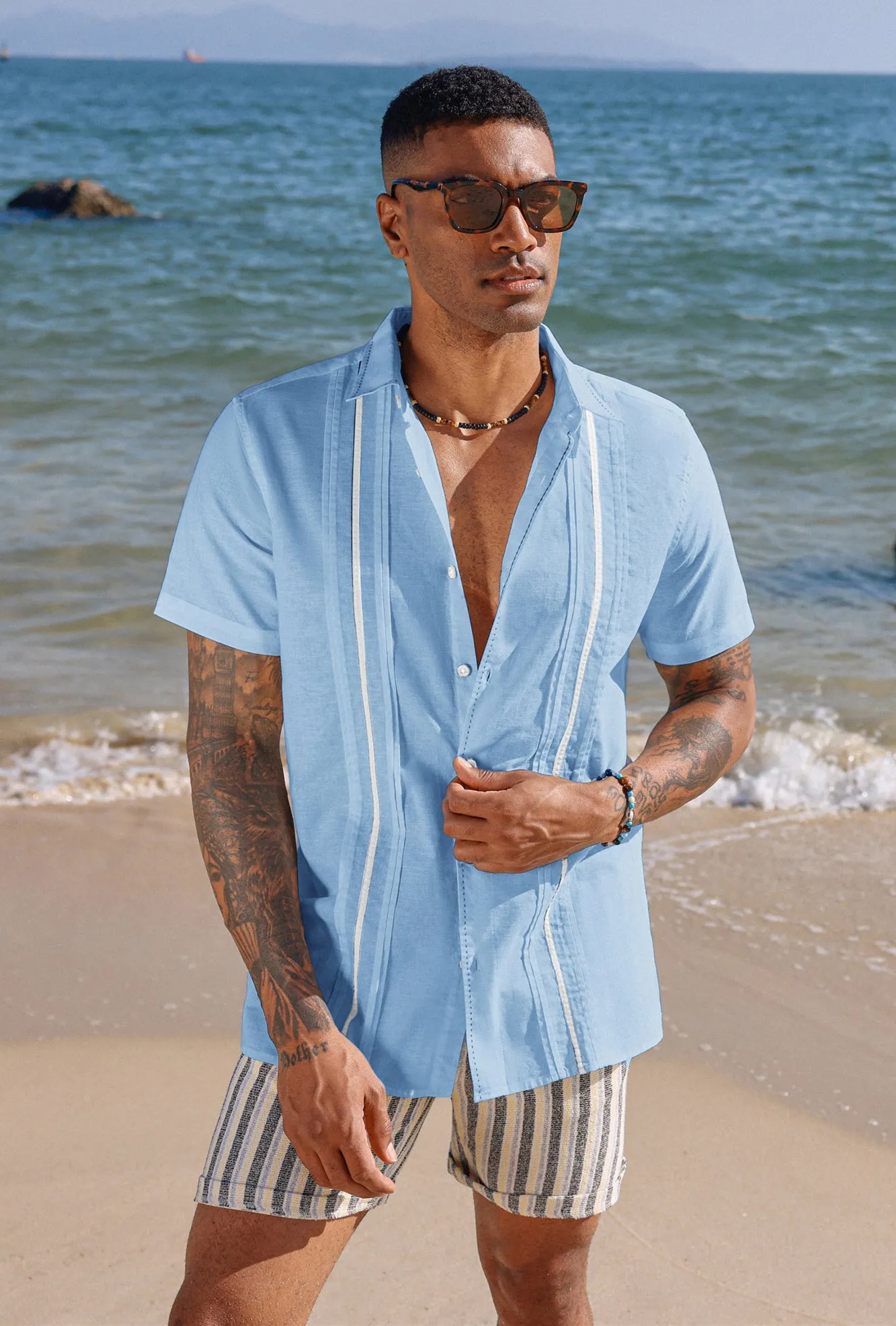 Men's Casual Button Down Cardigan Shirts Linen Cuban Guayabera Shirt Color Blocking Stripes Cotton Beach Shirts sold by Paul Jones product image thumbnail 2