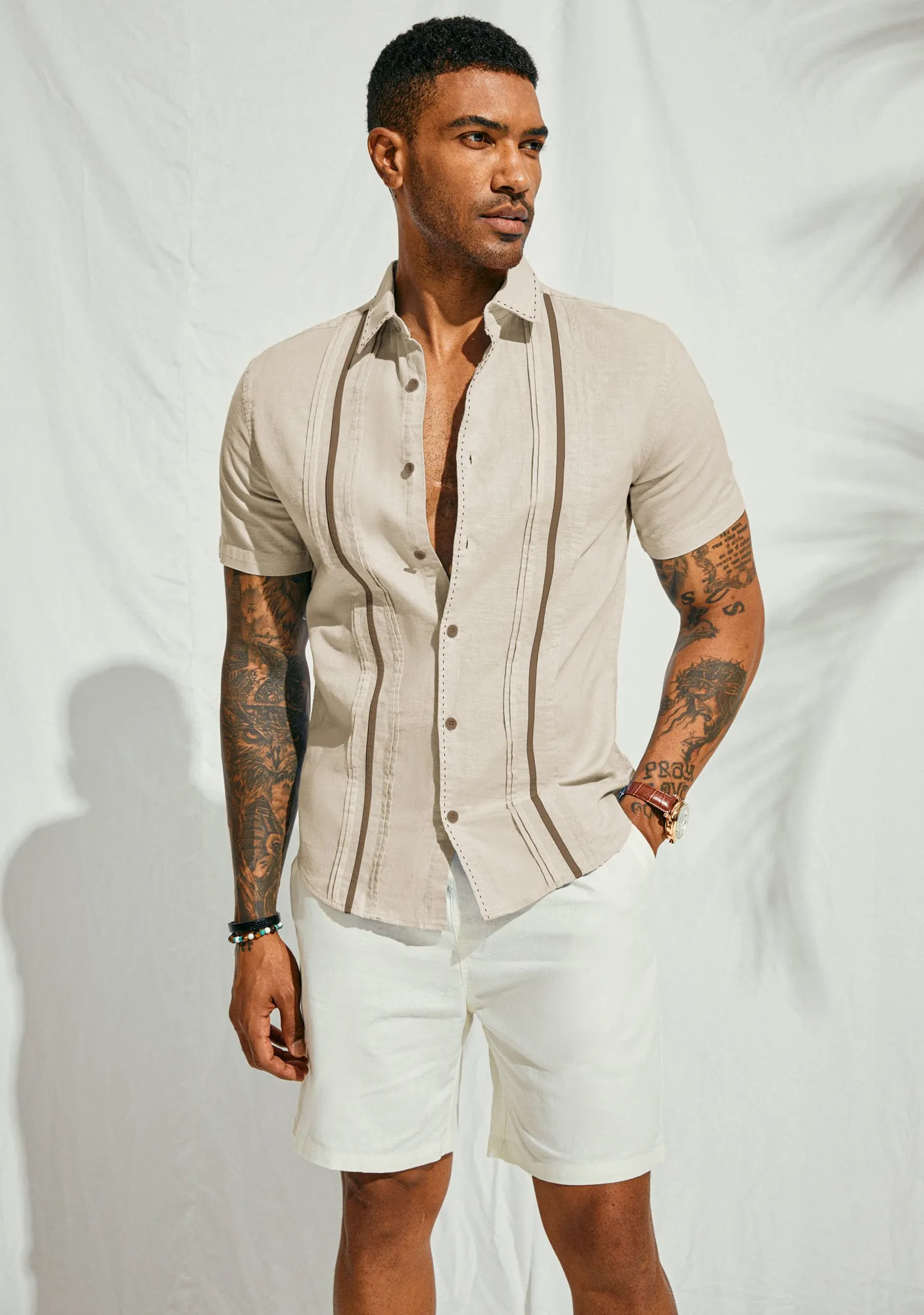 Men's Casual Button Down Cardigan Shirts Linen Cuban Guayabera Shirt Color Blocking Stripes Cotton Beach Shirts sold by Paul Jones product image thumbnail 5