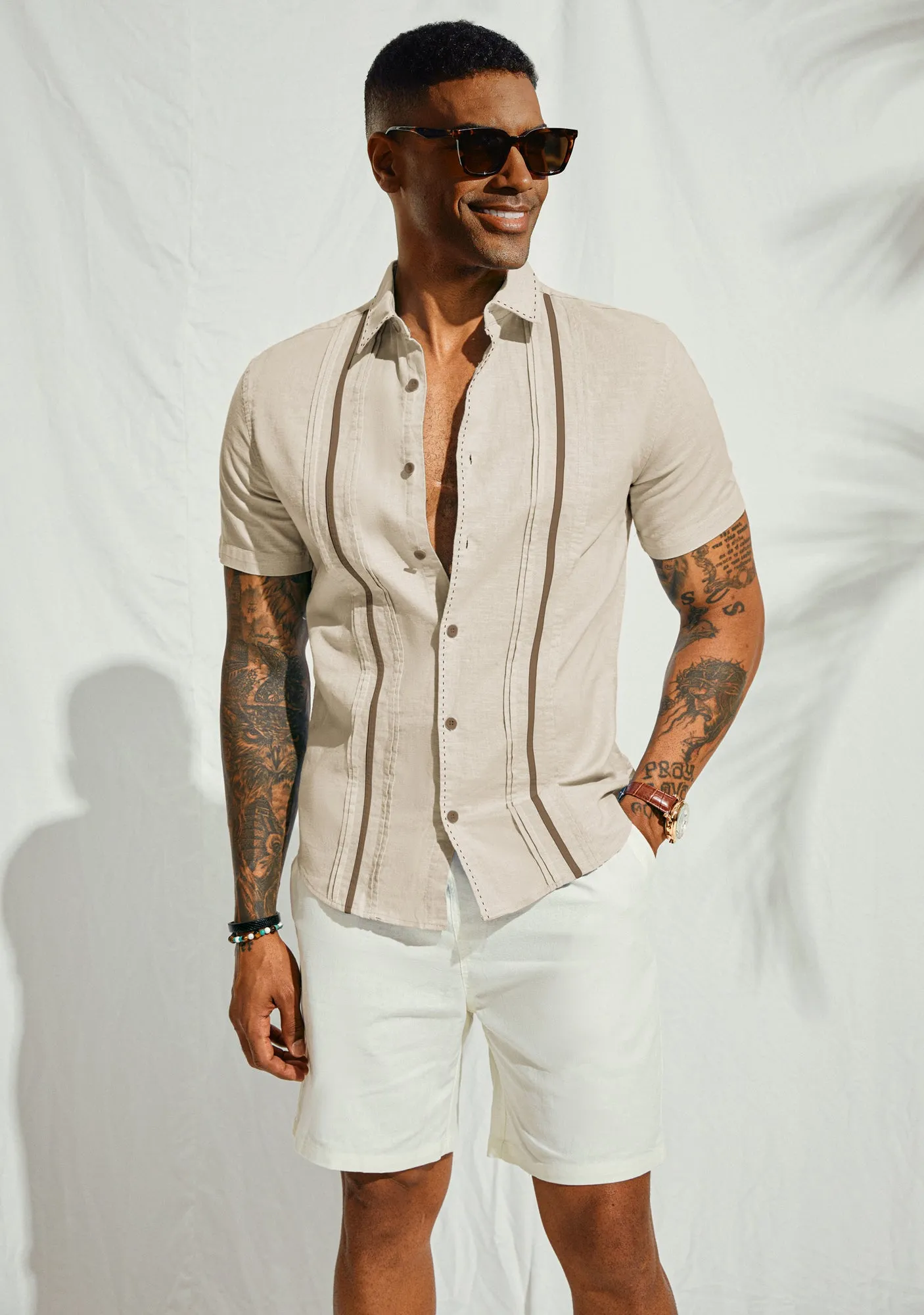 Men's Casual Button Down Cardigan Shirts Linen Cuban Guayabera Shirt Color Blocking Stripes Cotton Beach Shirts sold by Paul Jones product image thumbnail 4
