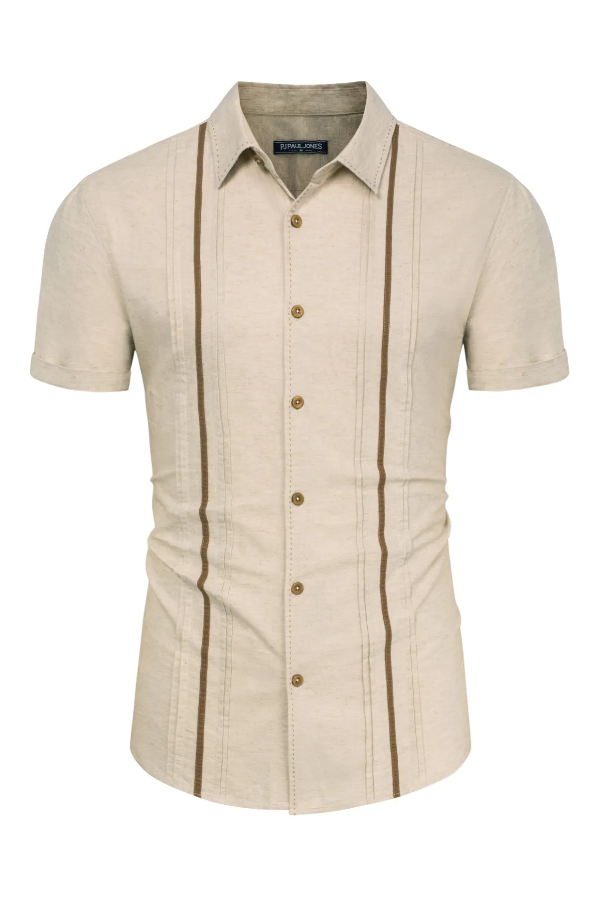 Men's Casual Button Down Cardigan Shirts Linen Cuban Guayabera Shirt Color Blocking Stripes Cotton Beach Shirts sold by Paul Jones product image thumbnail 3