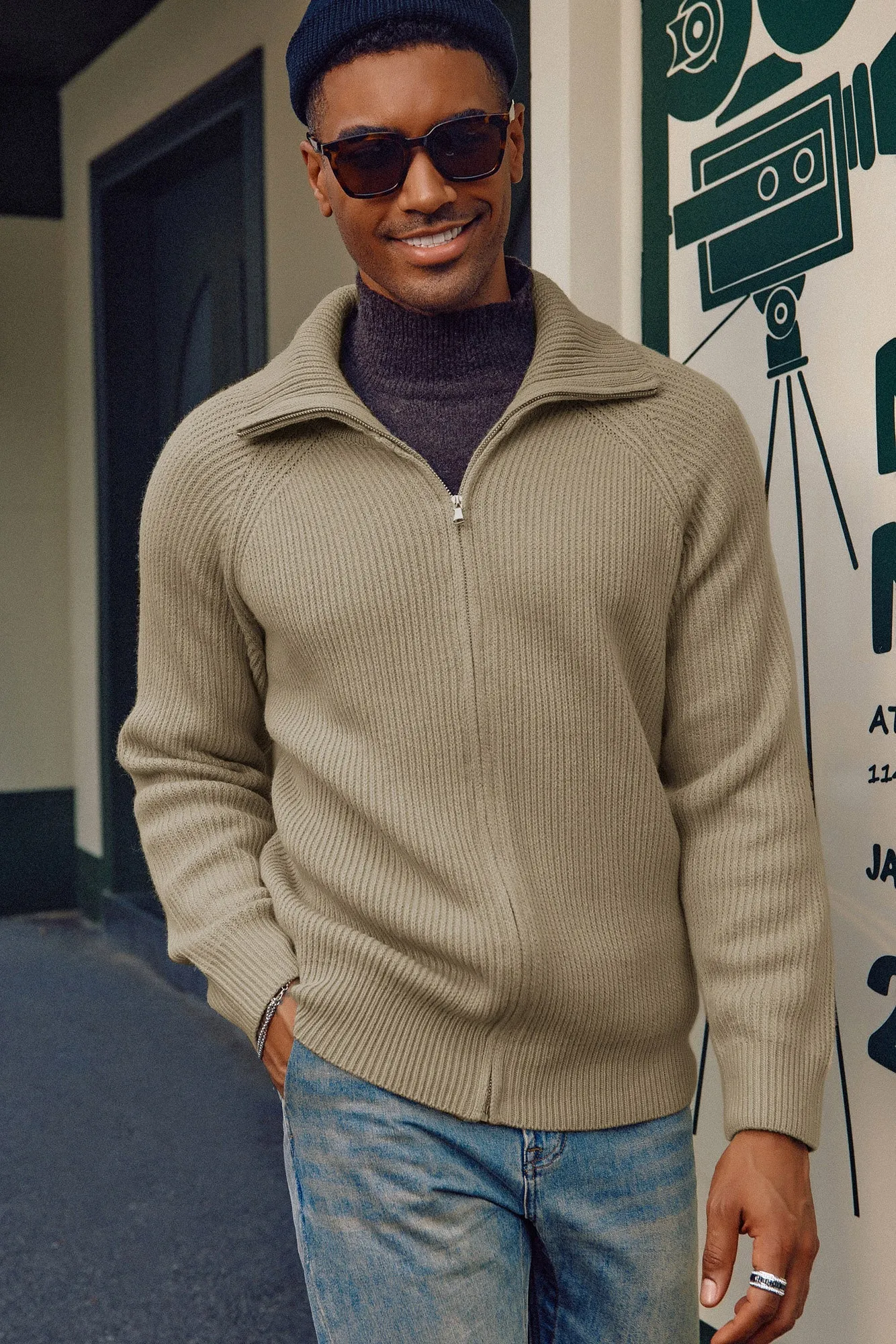 Full Zip Cardigan Sweaters Unisex Lapel Collar Raglan Sleeve Casual Ribbed Sweates sold by Paul Jones