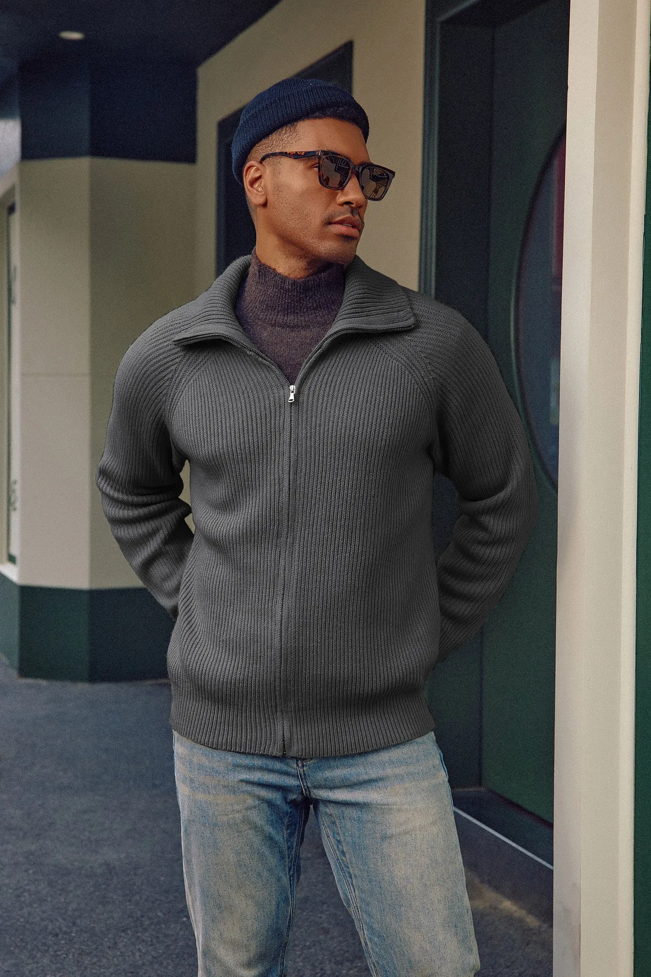 Full Zip Cardigan Sweaters Unisex Lapel Collar Raglan Sleeve Casual Ribbed Sweates sold by Paul Jones product image thumbnail 2