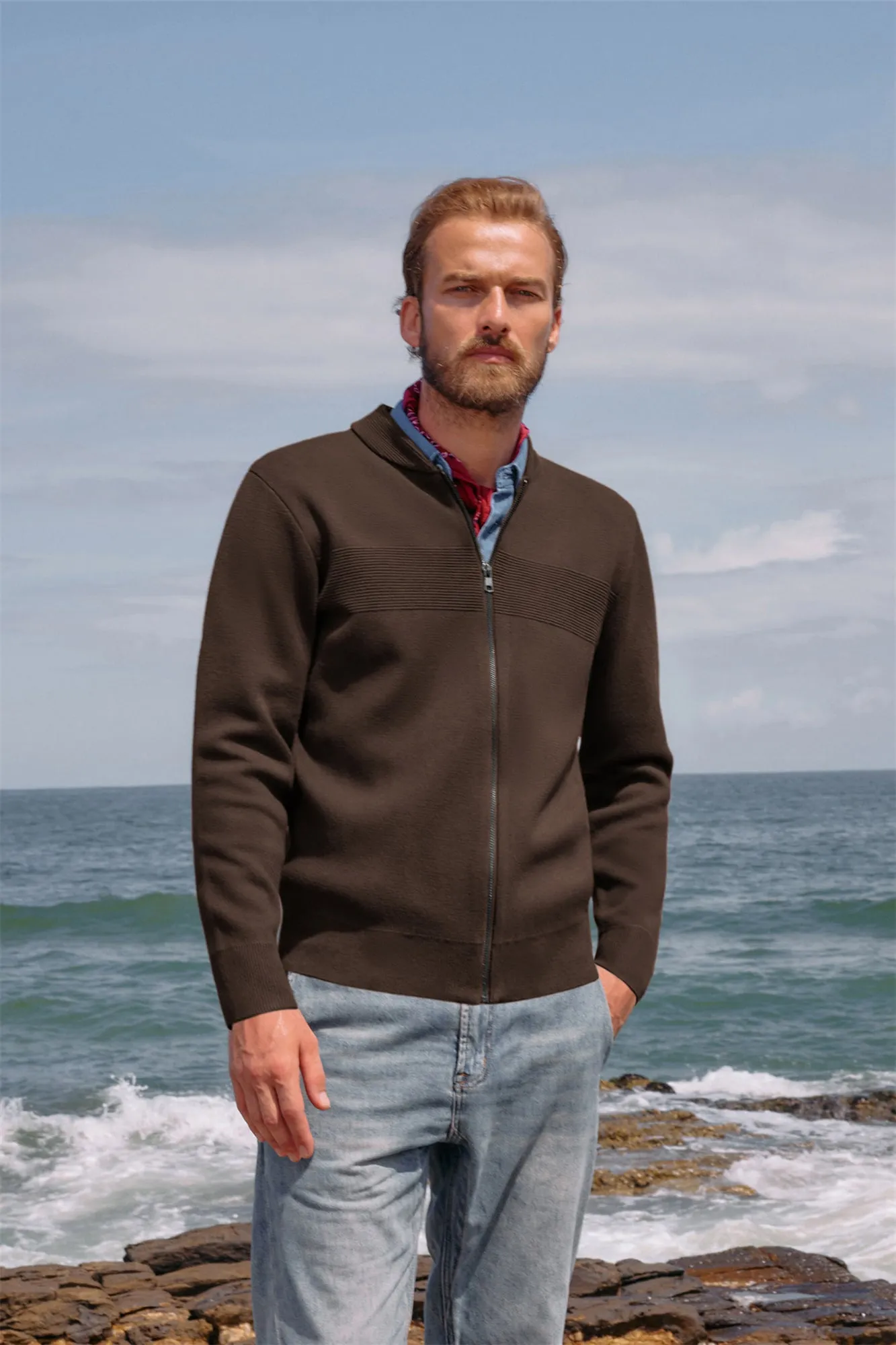 Men's Full Zip Up Sweater Casual Stand Collar Cardigan Lightweight Knit Jackets sold by Paul Jones