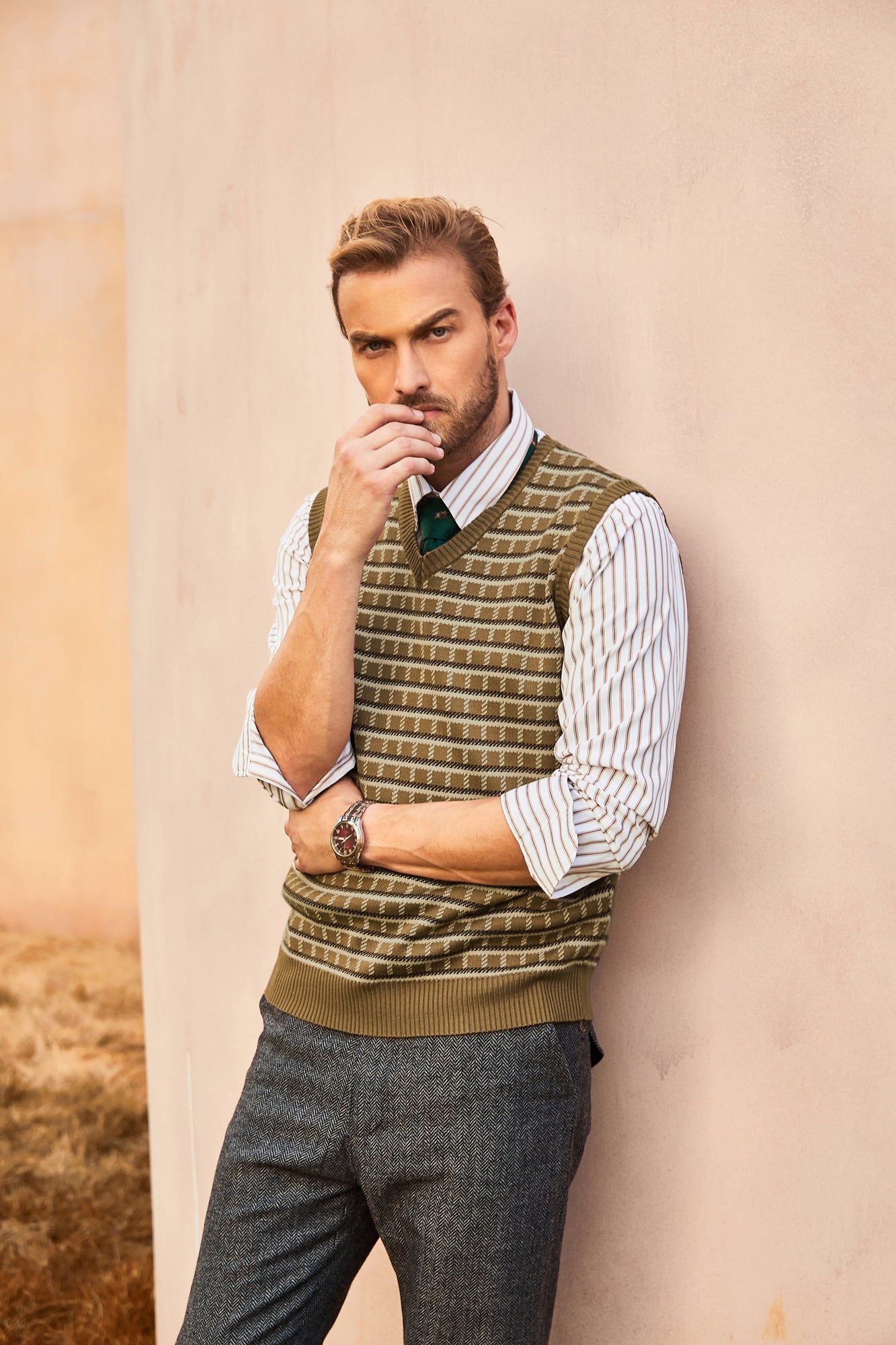 Men's Sweater Vest V-Neck Sleeveless Vintage Check Pattern Contrast Pullover Vest sold by Paul Jones