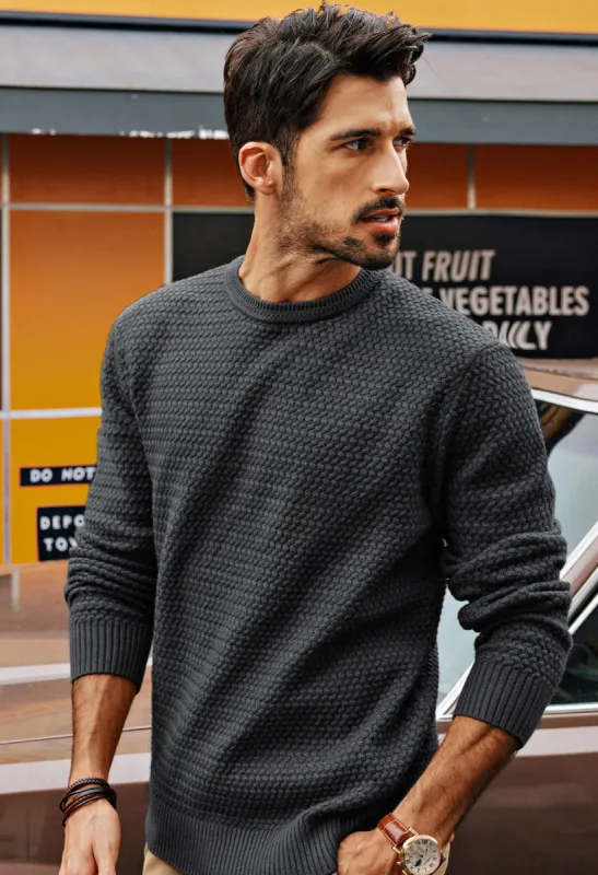 Men Textured Sweater Long Sleeve Crew Neck Ribbed Cuff Pullover Knitwear sold by Paul Jones