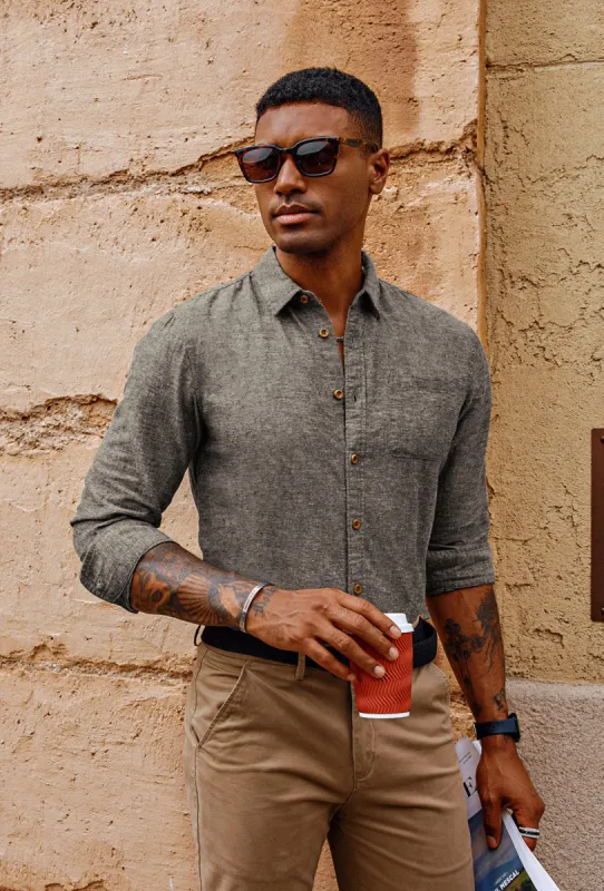 Men Cotton & Linen Shirt Casual Long Sleeve Lapel Collar Curved Hem Tops sold by Paul Jones