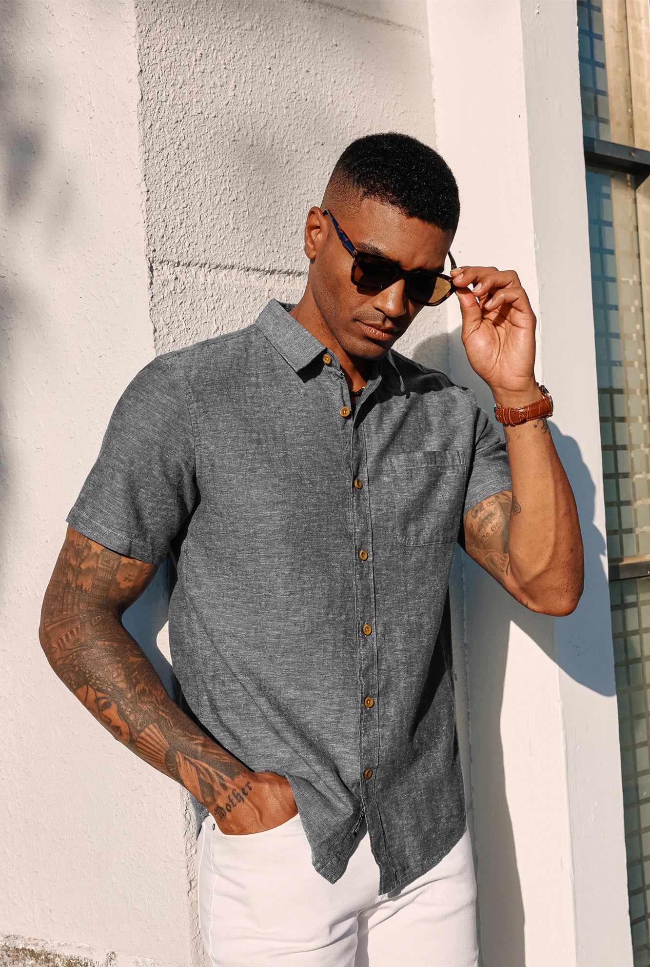 Men Breathable Shirt Casual Short Sleeve Lapel Collar Button-up Tops sold by Paul Jones