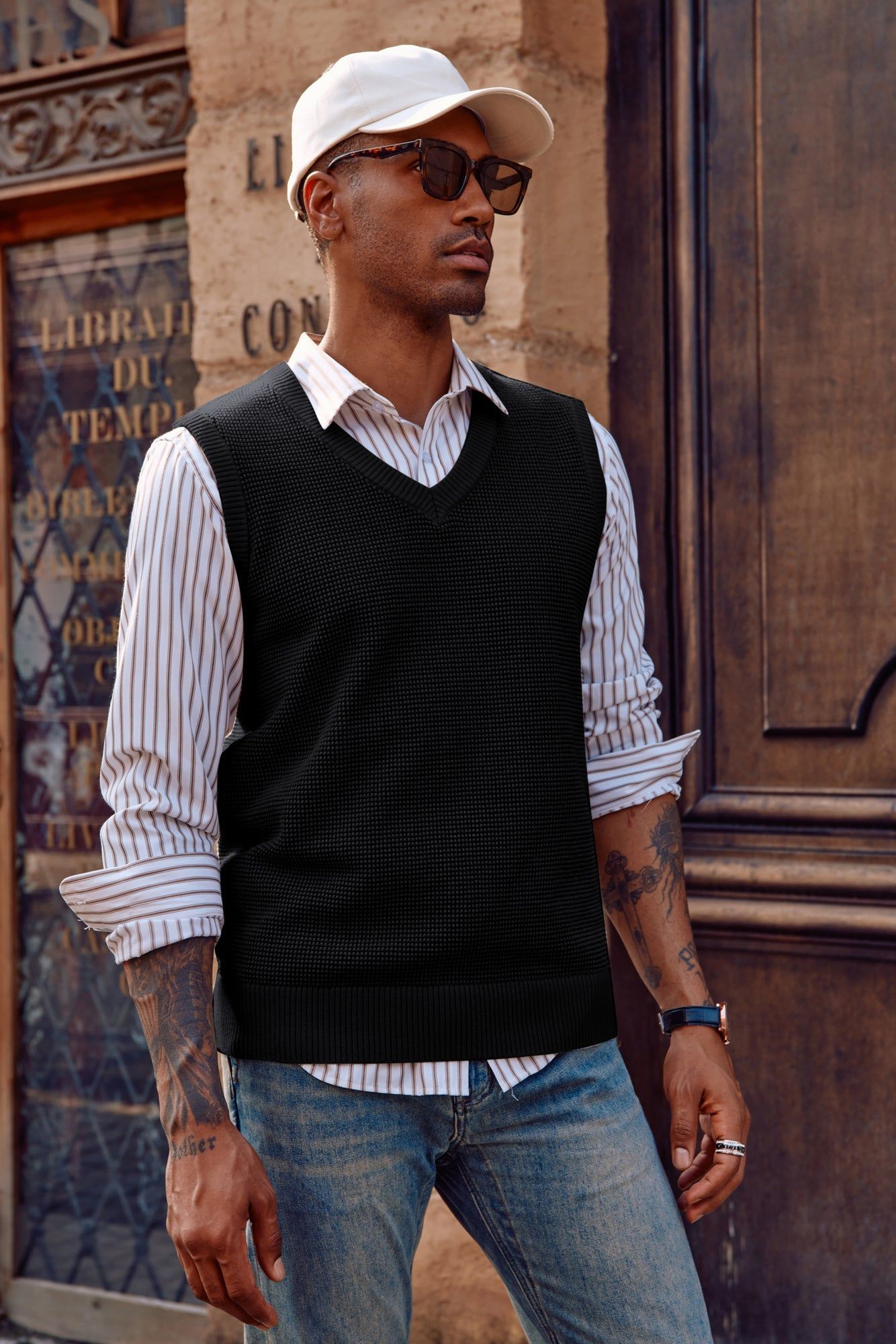 Mens V-Neck Knitted Vest Casual Sleeveless Pullover Casual Sweater Vest sold by Paul Jones