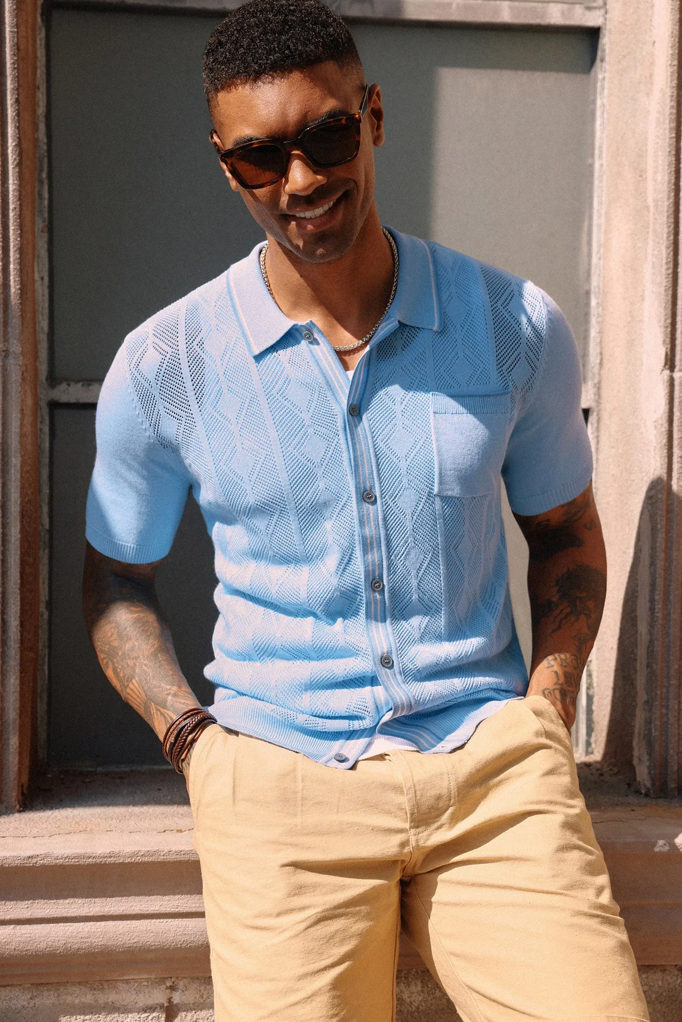 Men Hollowed-out Cardigan Short Sleeve Lapel Collar Button-up Knitwear sold by Paul Jones product image thumbnail 2