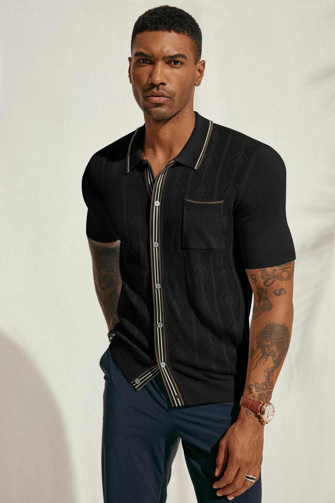 Men Hollowed-out Cardigan Short Sleeve Lapel Collar Button-up Knitwear sold by Paul Jones product image thumbnail 5
