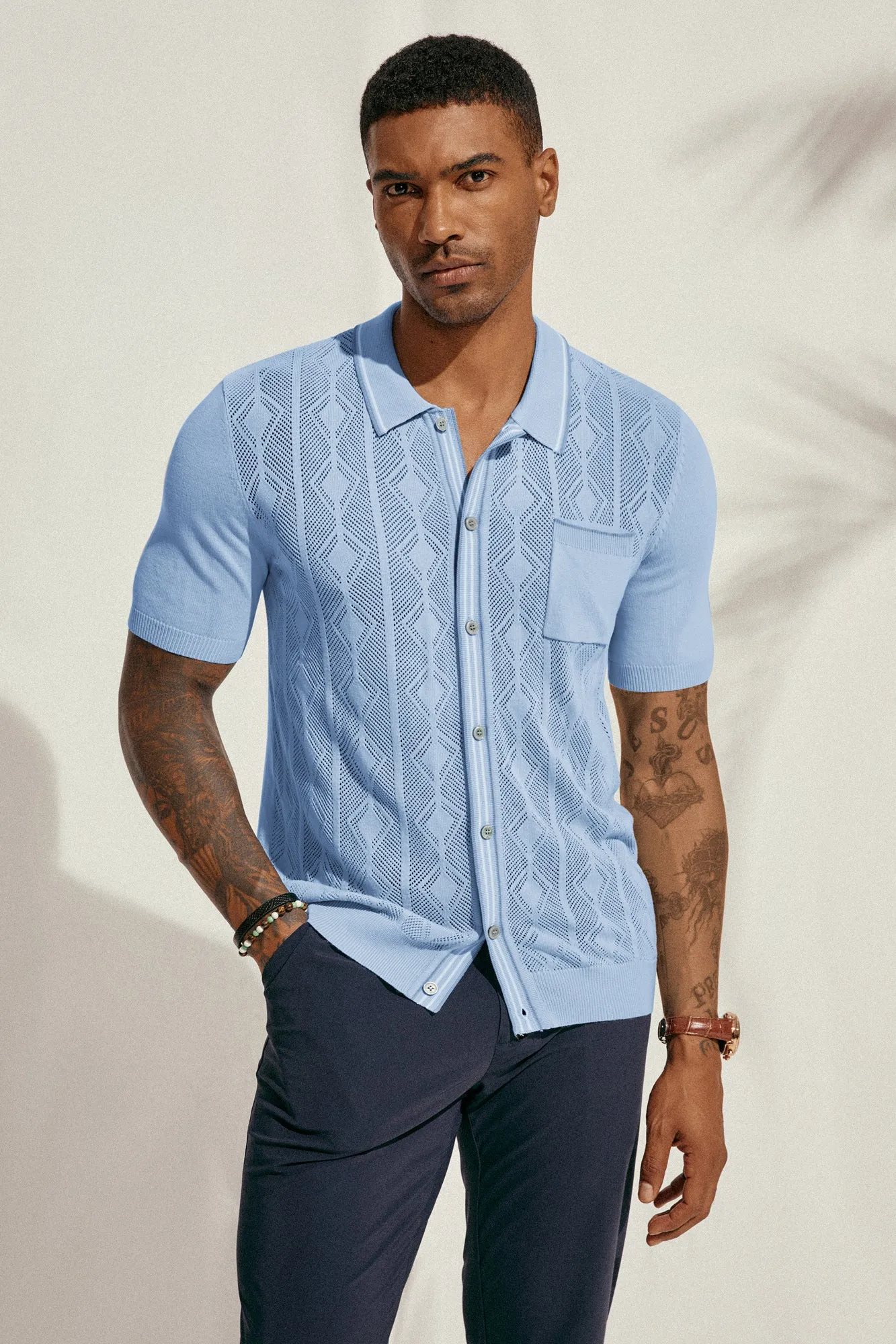 Men Hollowed-out Cardigan Short Sleeve Lapel Collar Button-up Knitwear sold by Paul Jones