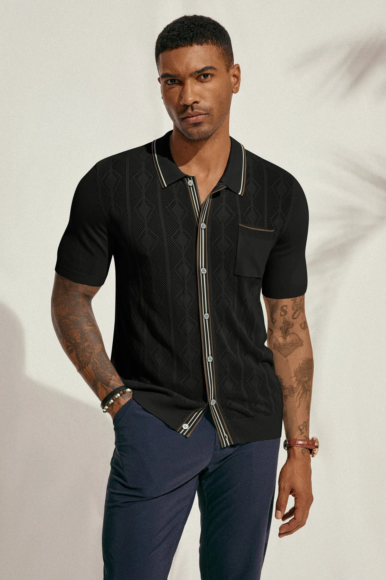 Men Hollowed-out Cardigan Short Sleeve Lapel Collar Button-up Knitwear sold by Paul Jones product image thumbnail 4