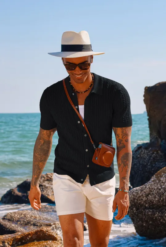 Men's Polo Short Cardigan Shirt Hollowed-Out Textured Casual Knitted Golf Shirt sold by Paul Jones