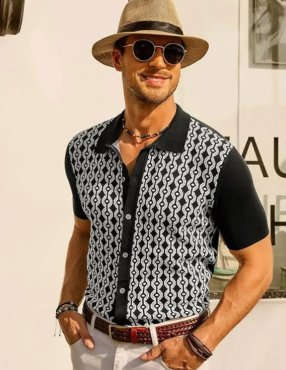 Men's Contrast 70s Vintage Polo Shirts Short Sleeve Cardigan Knitwear sold by Paul Jones
