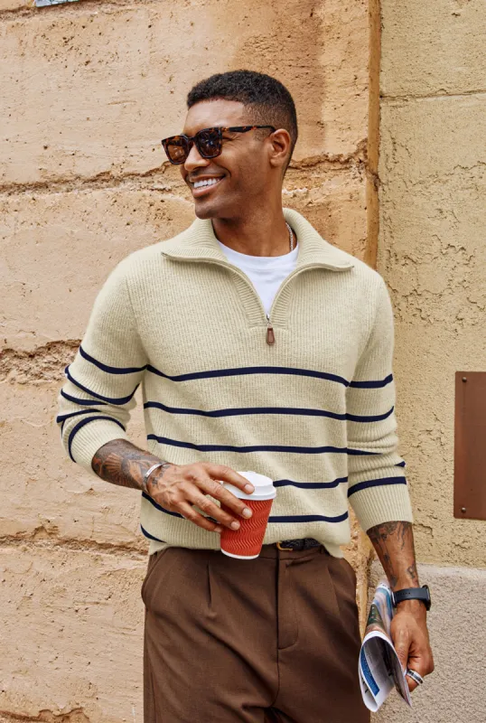 Men Striped Sweater Long Sleeve Lapel Collar Zip-up Neck Pullover sold by Paul Jones