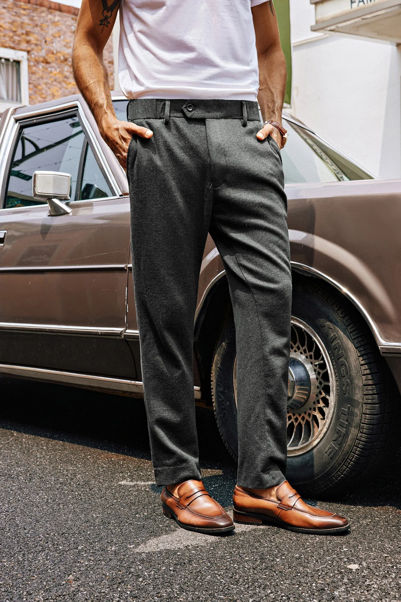 Men Skinny Trousers Elastic Waist Herringbone Pattern Multi-Pocket Pants sold by Paul Jones product image thumbnail 5